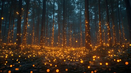 Magical Forest Scene with Glowing Lights Floating Among Tall Trees Creating Enchanted Atmosphere at Dusk