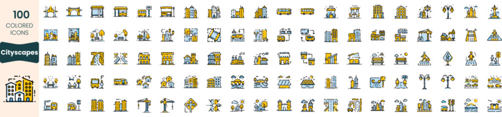 Collection of 100 cityscape icons in various colors, showcasing urban elements such as buildings, transportation, and infrastructure in a playful design.