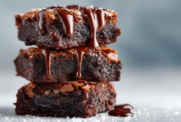 Deliciously Rich Chocolate Brownies with Dripping Chocolate Sauce Stacked on a Soft Surface Perfect for Dessert Lovers and Baking Enthusiasts