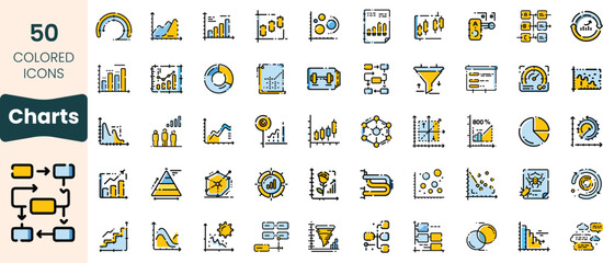 Collection of 50 colored icons representing various charts and data visualization types, highlighting analytical concepts in a modern and professional design.