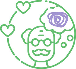 Alzheimer’s disease care icon — minimal vector line illustration with elderly and scribble thoughts