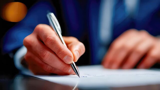 Close-up of a professionals hand signing a paper with a silver ballpoint pen in a corporate setting