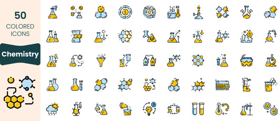 Collection of 50 chemistry-themed icons featuring test tubes, beakers, and molecules. Perfect for educational materials and science projects.
