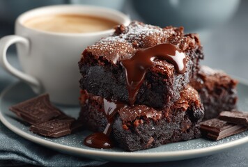 Deliciously Rich Chocolate Brownies with Melted Chocolate Drizzle Served on a Plate Next to a Cup of Coffee in a Cozy Setting
