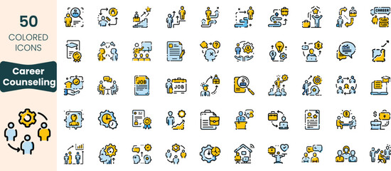 Collection of 50 icons illustrating various aspects of career counseling, featuring diverse figures and symbolizing job search, guidance, and professional growth.