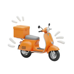 A delightful orange scooter with a delivery box radiates cartoon charm, perfect for illustrating speedy deliveries and modern mobility, transparent background