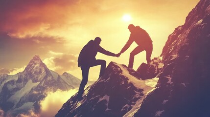 Obraz premium Two climbers hold hands on a snow-capped mountain peak at sunset