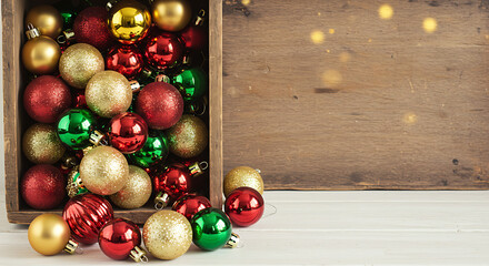 A rustic wooden crate overflows with festive Christmas ornaments, their varied colors reflecting the spirit of the season. A background, filled with texture.