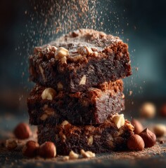 Deliciously Rich Chocolate Brownies with Nuts Served on a Rustic Table, Sprinkled with Cocoa Powder and Surrounded by Hazelnuts