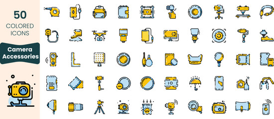 A diverse set of 50 colored icons representing various camera accessories, including tripods, lenses, and lighting equipment, suitable for photography enthusiasts.