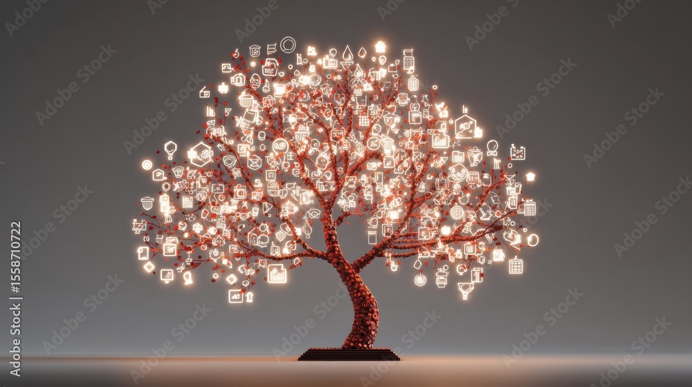 Poster Knowledge Tree With Glowing Leaves Shaped Like Icons Representing Growth and Innovation in a Digital Environment