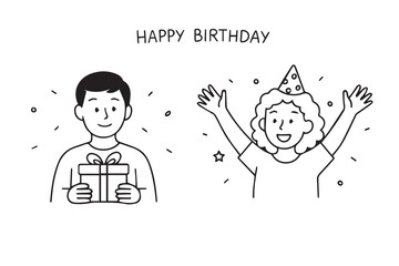 Happy boy and girl on birthday. Young man holds a box with a gift. Girl is sincerely happy. Doodle style. Vector illustration