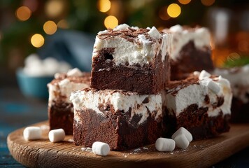 Deliciously Rich Chocolate Fudge Brownie with Creamy Marshmallow Topping on Wooden Board Surrounded by Soft Bokeh Lights and Decorative Elements