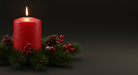 A single red candle burns brightly, encircled by a festive arrangement of evergreen branches, pine cones, and red berries, creating a warm and inviting ambiance.