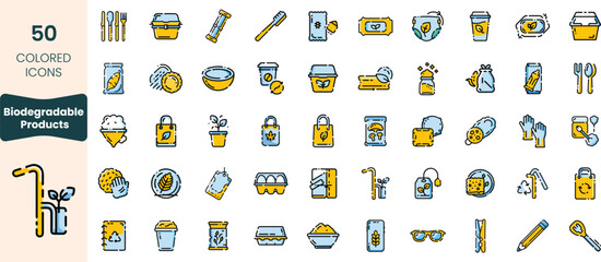 Collection of 50 biodegradable product icons in various colors, showcasing environmentally friendly items like utensils, containers, and personal care products.