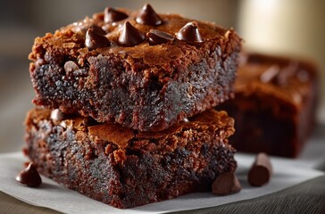 Deliciously Soft and Chewy Chocolate Brownies with Chocolate Chips Ideal for Dessert Lovers, Bakeries, and Sweet Treat Photography