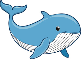 A cartoon-style illustration of a blue whale with white stripes on its belly, swimming.