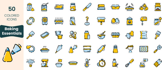 A colorful collection of 50 baking icons, including utensils, ingredients, and kitchen tools, showcasing essential items for every baker's kitchen.