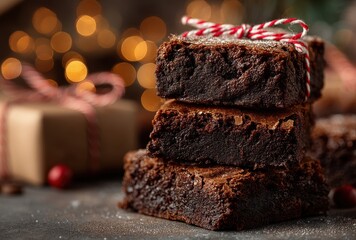 Deliciously stacked chocolate brownies with festive ribbon and blurred holiday lights in the background for a delightful seasonal treat