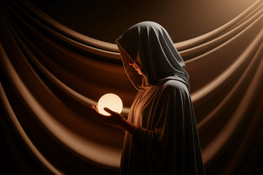 Side profile of hooded figure holding glowing orb in warm mystical light. Ethereal and contemplative atmosphere.