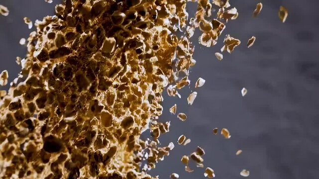 Energetic burst instant coffee granules captured mid air falling or exploding against dramatic dark backdrop, this dynamic image symbolizes invigorating power morning kickstart