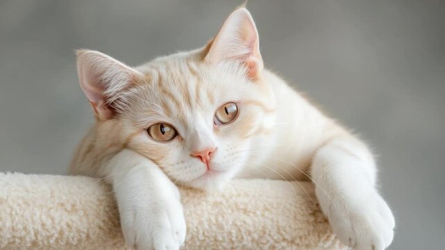 adorable relaxed cat on cozy surface, cream-colored pet resting peacefully indoors, adorable cream-colored cat relaxing indoors, cute lazy cat resting on soft surface 