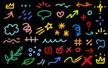 Abstract shape brush paint set. Hand drawn crayon marker stroke abstract shape arrow, blob, line texture. Marker doodle arrow, geometric asterisk icons in color grunge background. Vector illustration 