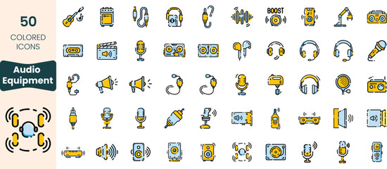 Collection of 50 colorful audio equipment icons, featuring microphones, speakers, headphones, and instruments, perfect for music and audio enthusiasts.