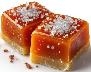 Delightful amber treats topped with coarse salt on a clean white background showcasing a unique combination of sweet and savory flavors