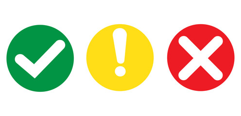 Set of Green Check mark, Yellow Exclamation, Red Cross Icons, Approval, Warning, and Error Symbols for Web and UI Design, Traffic Light Style: Correct, Caution, and Incorrect Indicator Buttons.