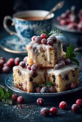 Delightful cranberry almond cake squares with creamy frosting and festive garnishes served on an elegant plate, complementing a warm cup of tea.