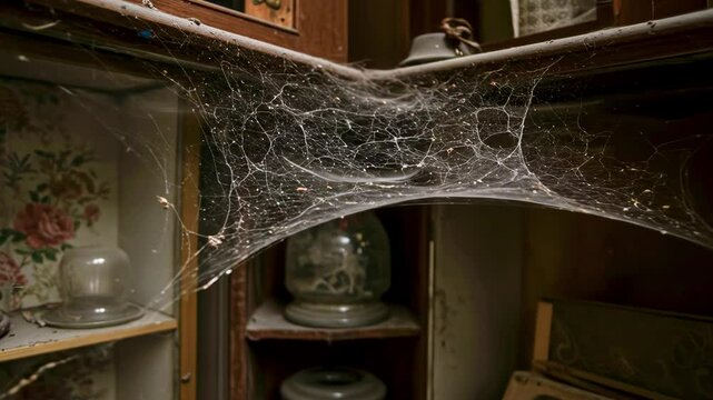 Intricate spider web spanning an antique cabinet filled with vintage items and dust, creating a haunting atmosphere