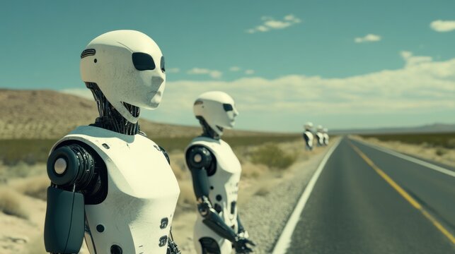 White robots stand on a desert highway