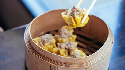 Golden Siu Mai Dumplings Steamed In Bamboo Basket