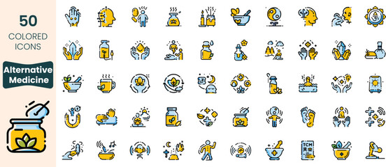 A collection of colorful icons representing various aspects of alternative medicine, including relaxation, healing, and wellness practices.