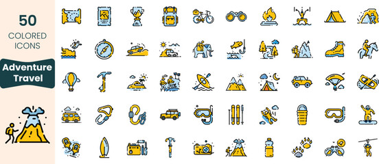 Collection of adventure travel icons, featuring activities like camping, hiking, and cycling, ideal for outdoor and travel enthusiasts.