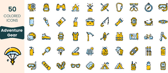 Collection of 50 adventure gear icons, showcasing colorful designs of outdoor equipment such as backpacks, kayaks, compasses, and tents, perfect for explorers.