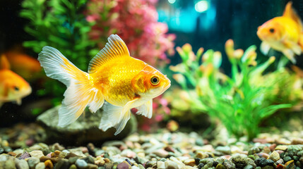 Macro shot of goldfish swimming in clean aquarium with decorative gravel and green plants, store shelf in background