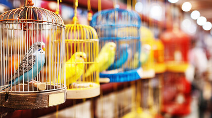 Realistic close-up of bird cages on pet store shelf, one with colorful parrot toys, wooden perch, and metal bars