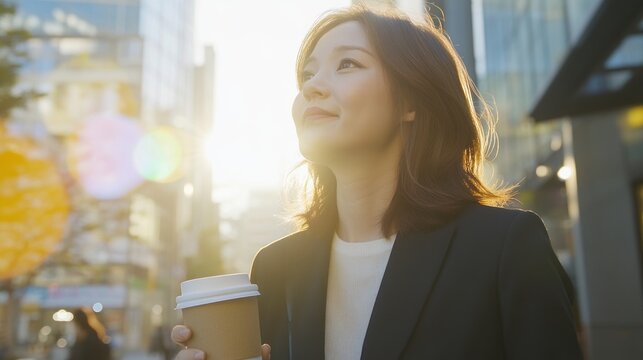 Woman in city, coffee in hand, looking up - Powered by Adobe