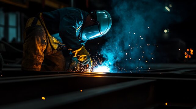 Focused worker welding steel beams at construction site with dramatic lighting and branding space