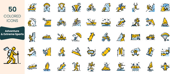 Collection of 50 icons showcasing various adventure and extreme sports activities, including surfing, rock climbing, and biking, perfect for enthusiasts and planners.