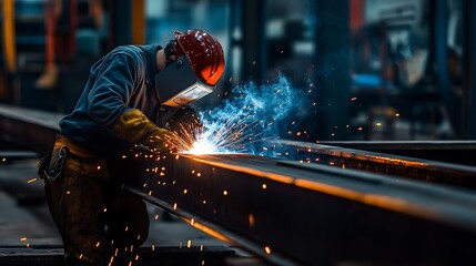Focused worker welding steel beams at construction site with dramatic lighting and branding space