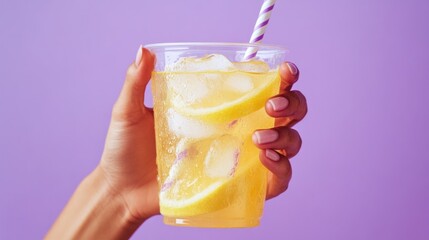 Hand holding a plastic cup of iced lemonade with lemon slices and a striped straw against a purple background