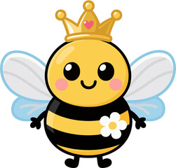 Cute Queen Bee Cartoon Character – Flat Vector Style with Crown, Wings, and Flower for Kids Designs