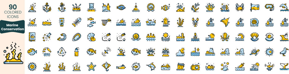 Collection of 90 colored icons representing marine conservation, showcasing symbols of ocean life, eco-friendliness, and aquatic activities.