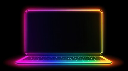 Colorful laptop with rainbow neon outline on a black background