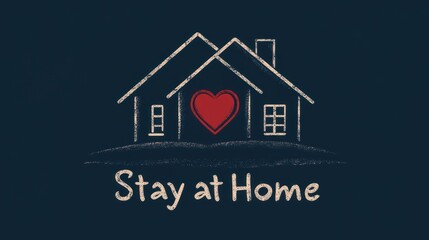 Chalk-drawn house with a red heart, urging "Stay at Home