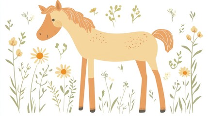 Cute horse in a meadow with wildflowers