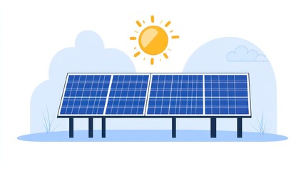 Solar panels on supports, sun, clouds, simple landscape